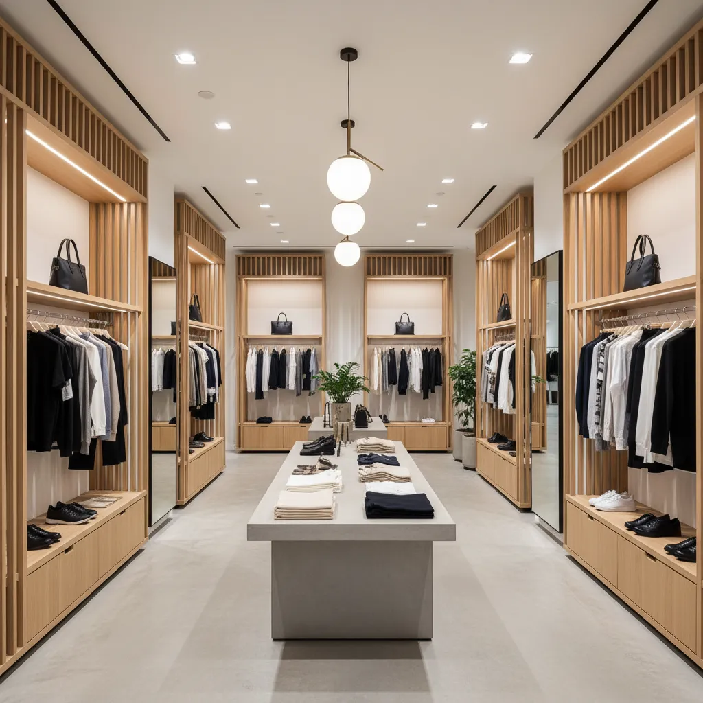 Modern retail store interior with wall panels, clothing racks, central display table, and round ceiling lights
