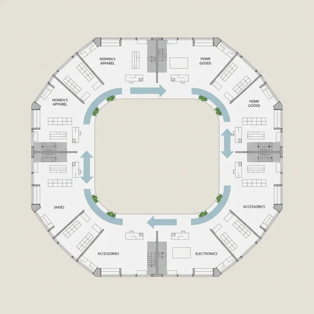 Loop traffic flow pattern inside a retail store floor plan