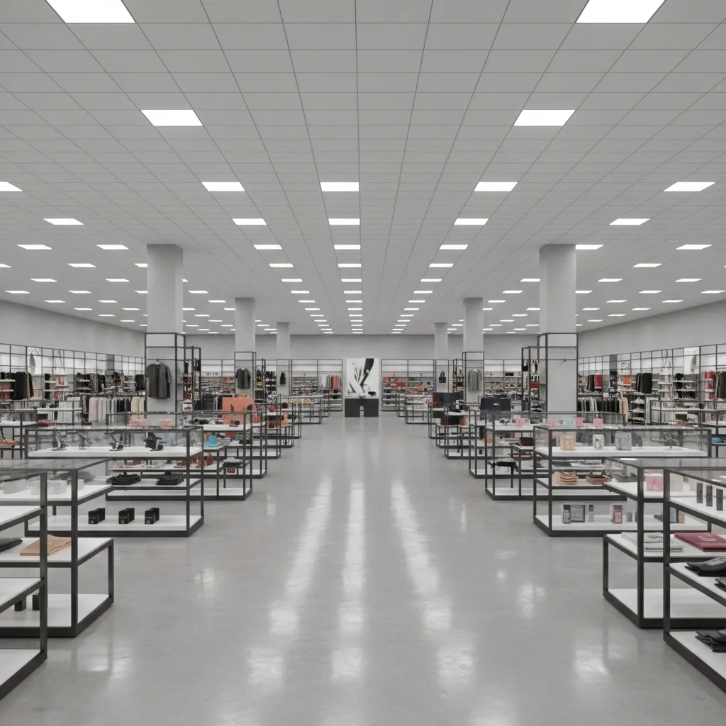Large retail store interior with minimal columns and wide aisles
