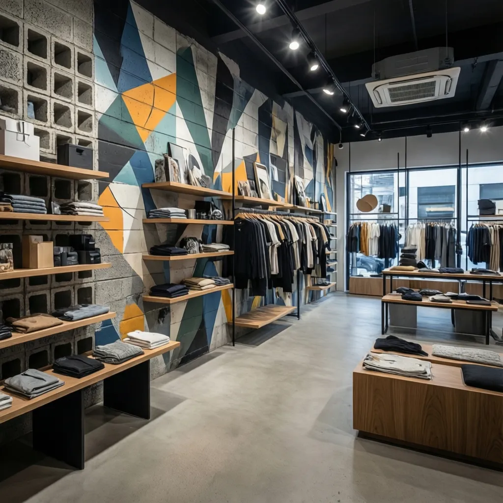 Retail store interior with geometric painted concrete block wall and product shelving