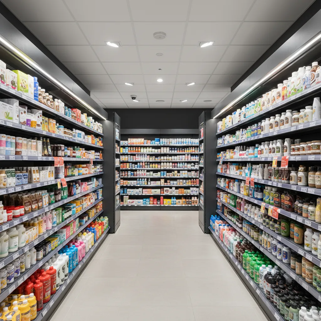 Modern retail store shelving layout with organized product display and clear aisle flow