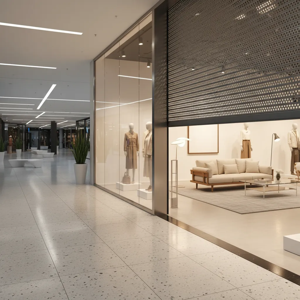 Retail storefront secured with sliding metal security grille while merchandise remains visible