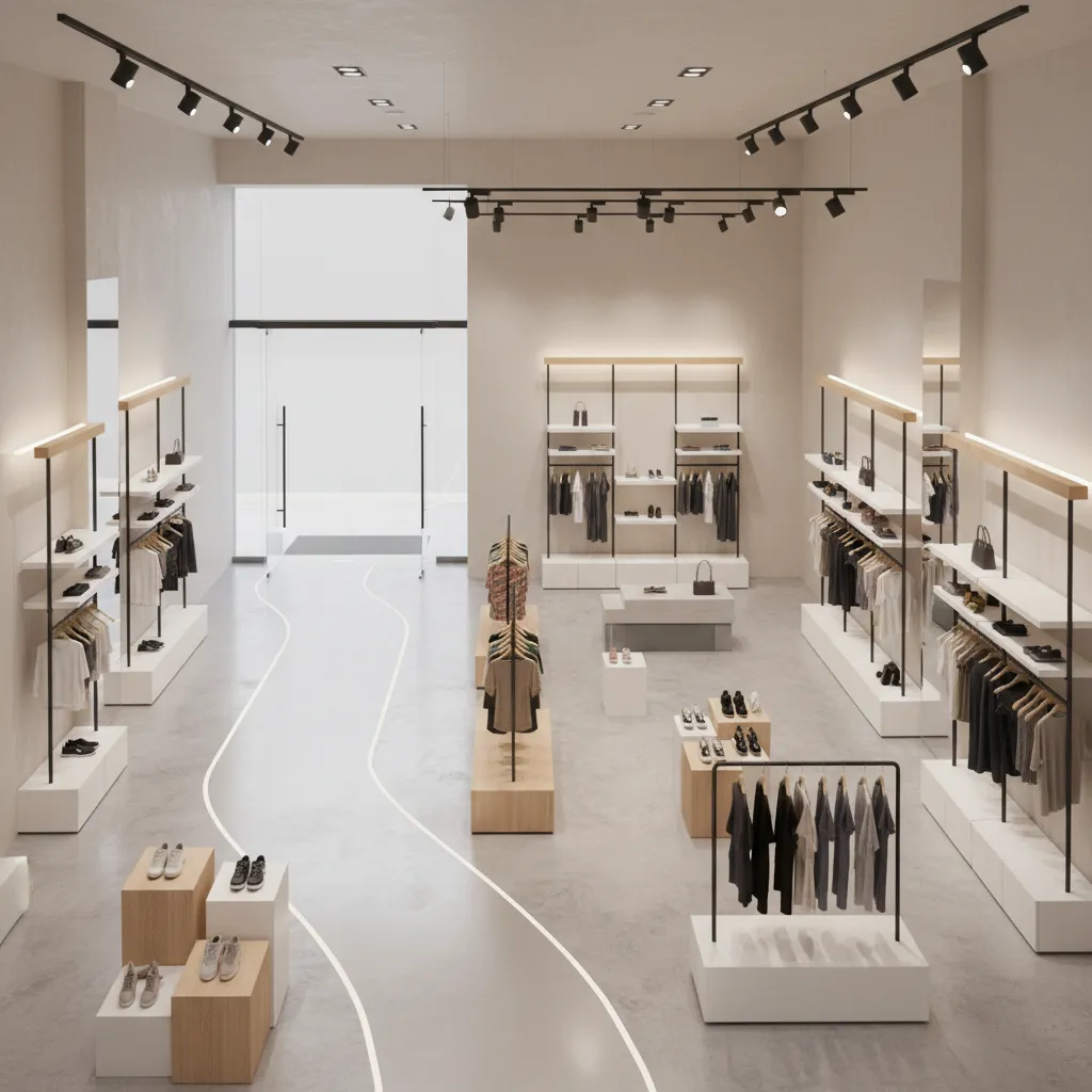 Retail store floor layout showing customer traffic flow paths between displays