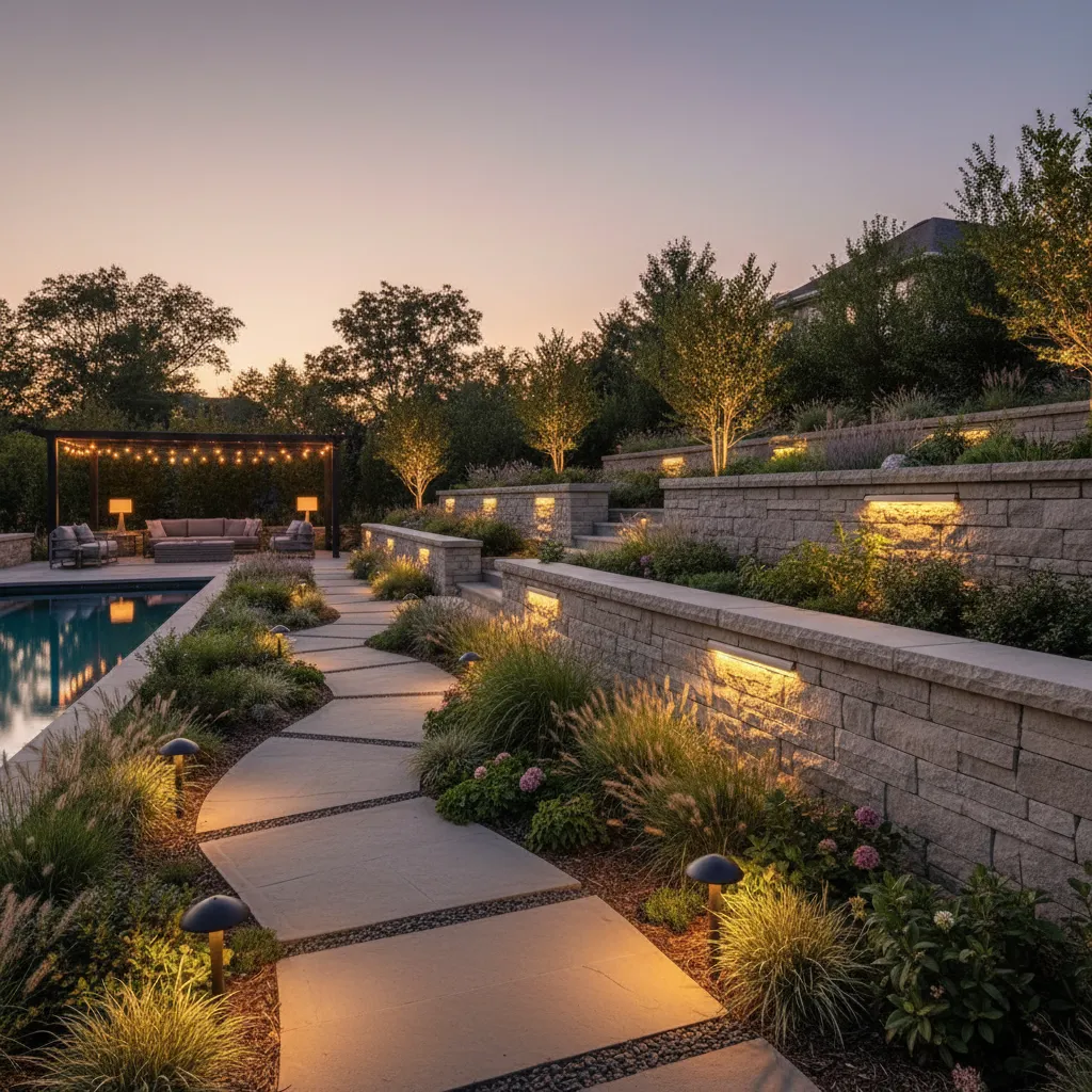 Backyard stone walkway near swimming pool with warm light fixtures on tiered walls and plants