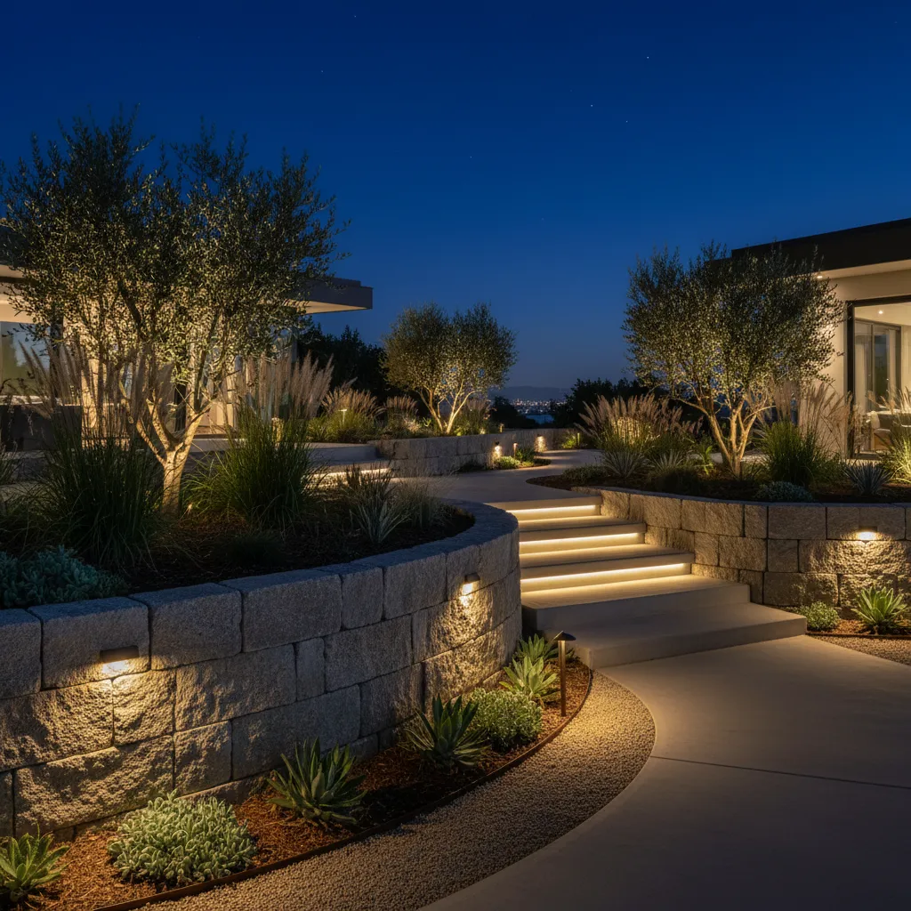 Garden path at night featuring stone walls with warm lights, glowing steps, trees and plants
