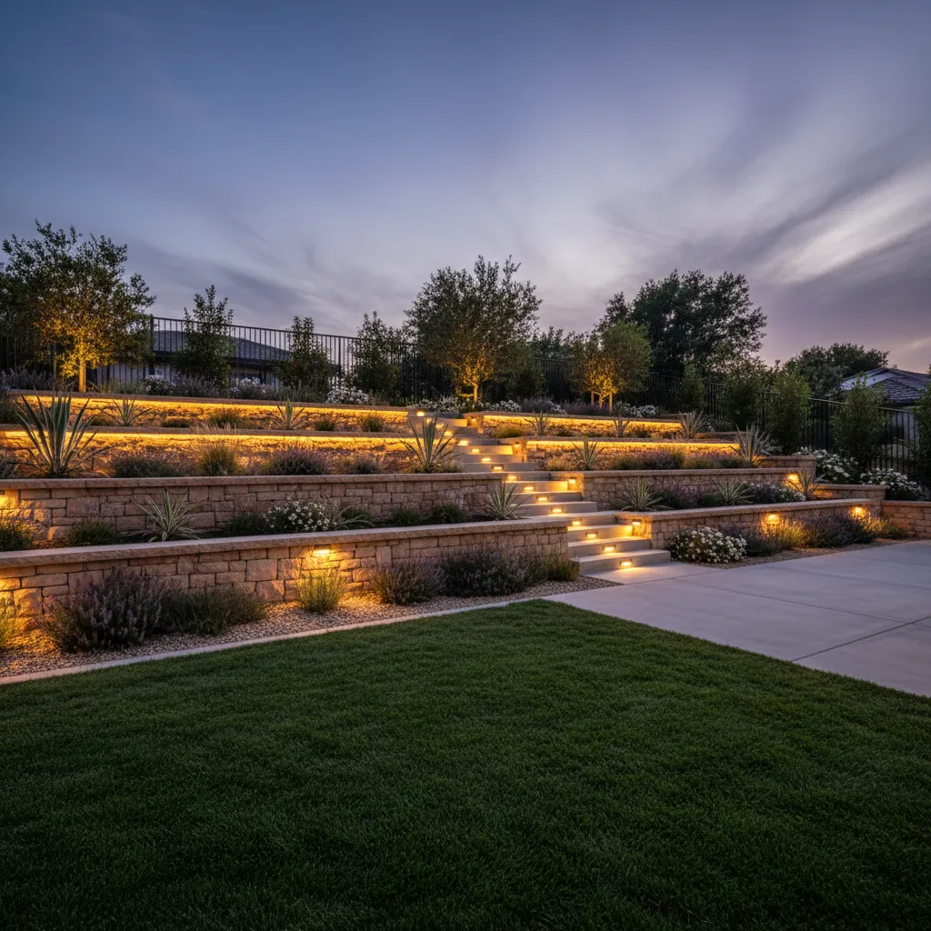 Tiered stone retaining walls with warm light fixtures illuminating garden stairs and a green lawn