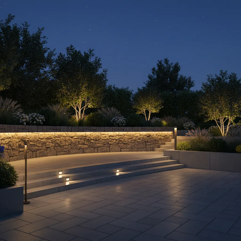 Outdoor stone wall with warm light strips and steps illuminated by small garden floor lights
