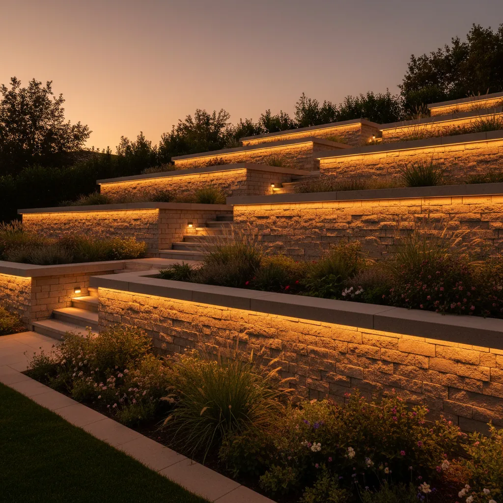 Tiered garden stone walls with warm yellow lights, green plants, and a sunset sky background