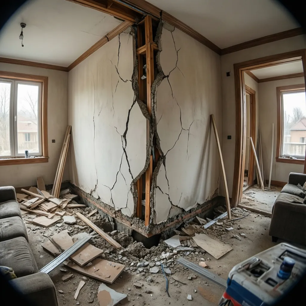Broken living room wall with a large crack showing wooden frames and debris on floor