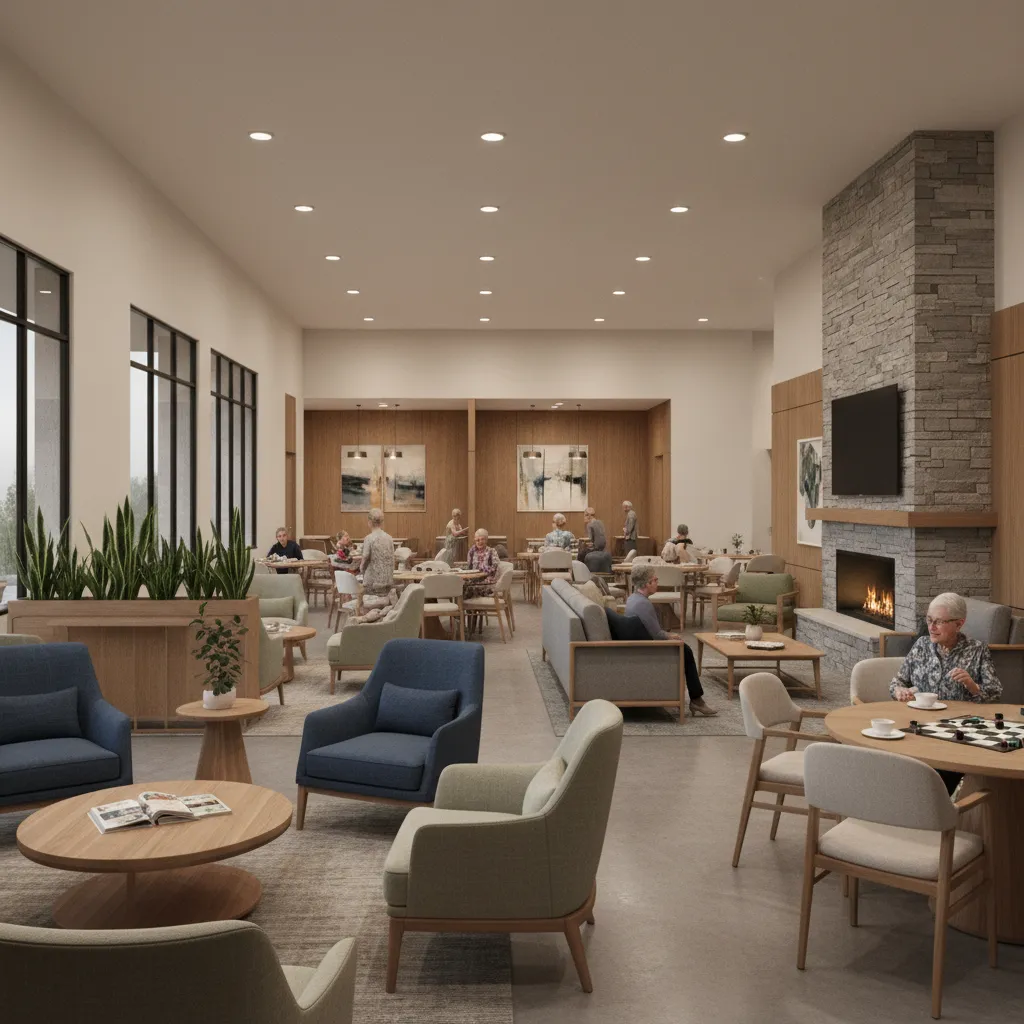 Shared dining hall and social lounge inside a retirement community