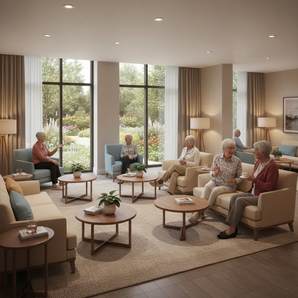 Small lounge space in retirement community where seniors socialize comfortably