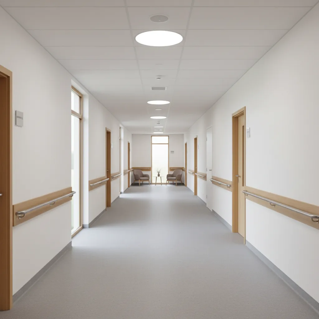 Well lit retirement home corridor with safe flooring and clear navigation