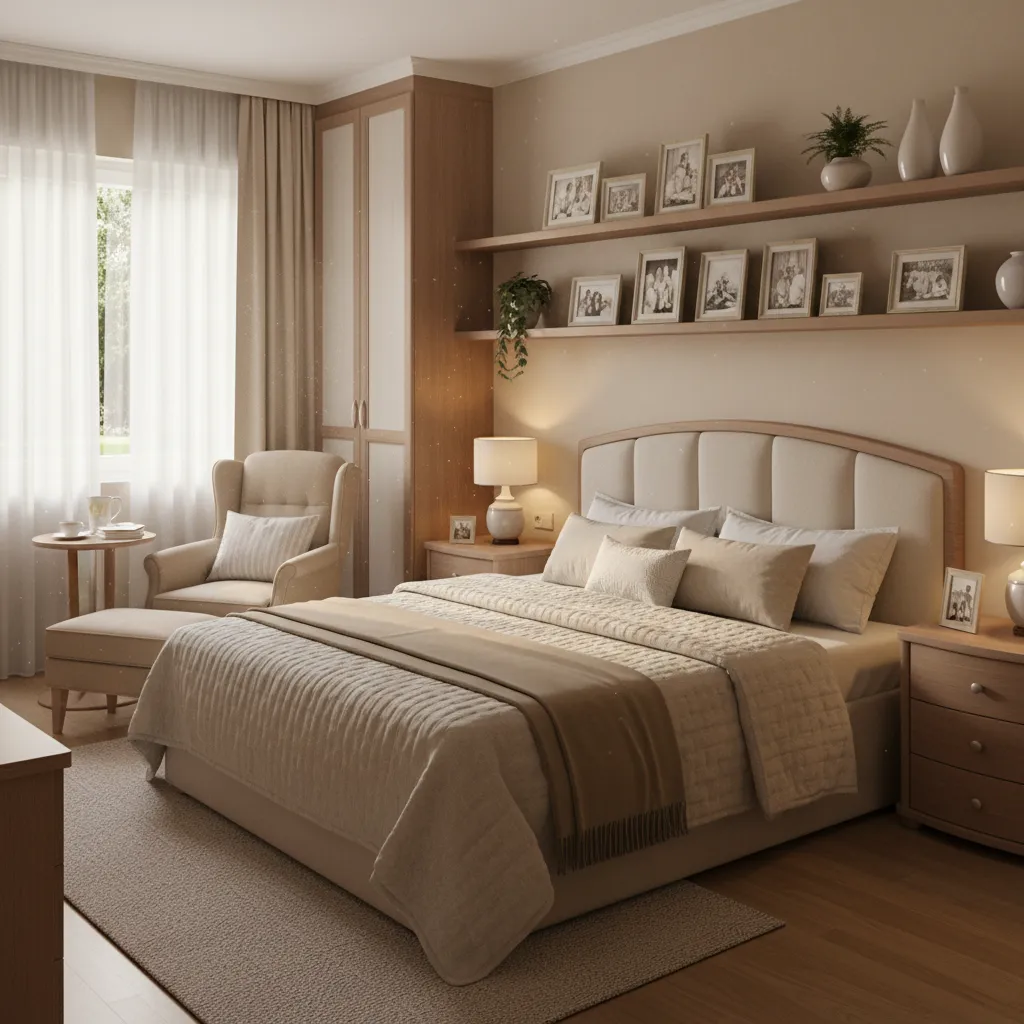 Comfortable retirement home private room with personal furniture and warm lighting