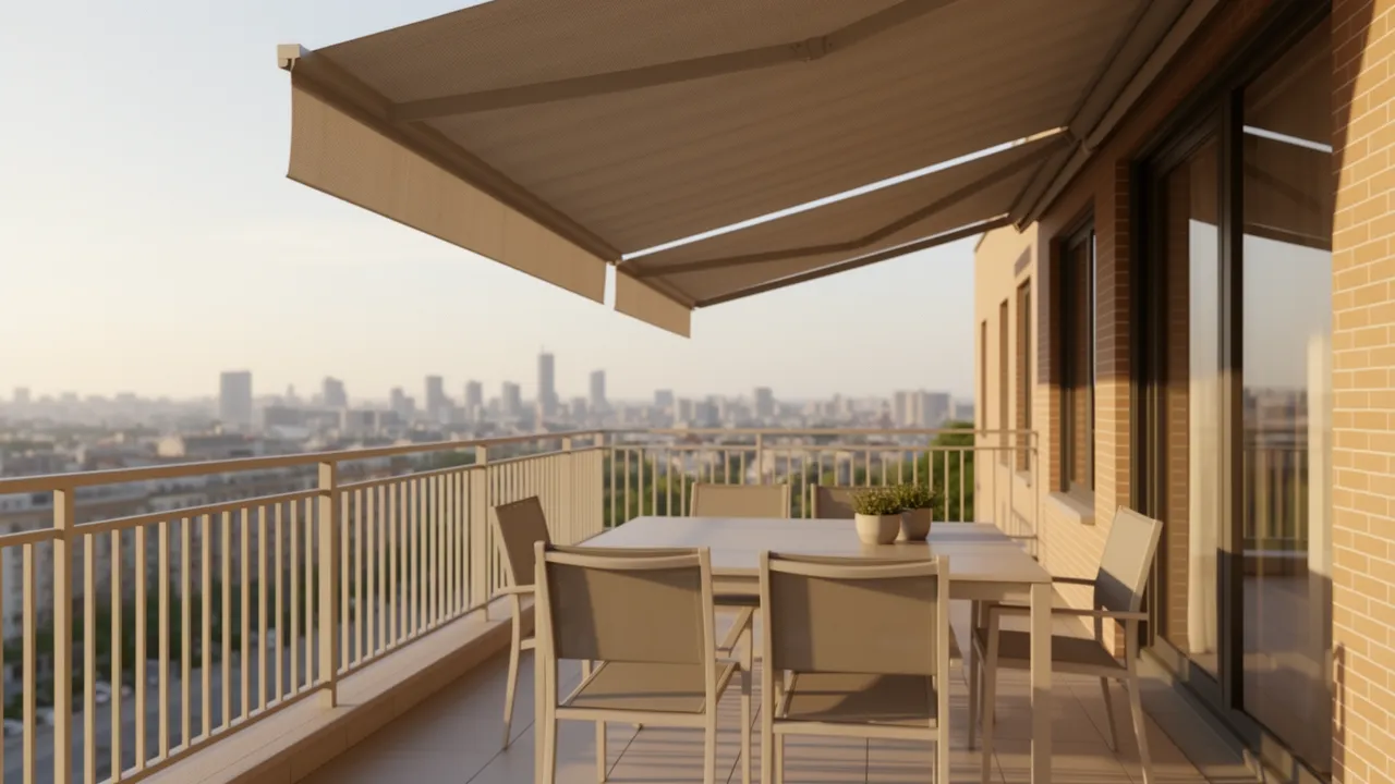 Retractable fabric awning providing adjustable shade on balcony