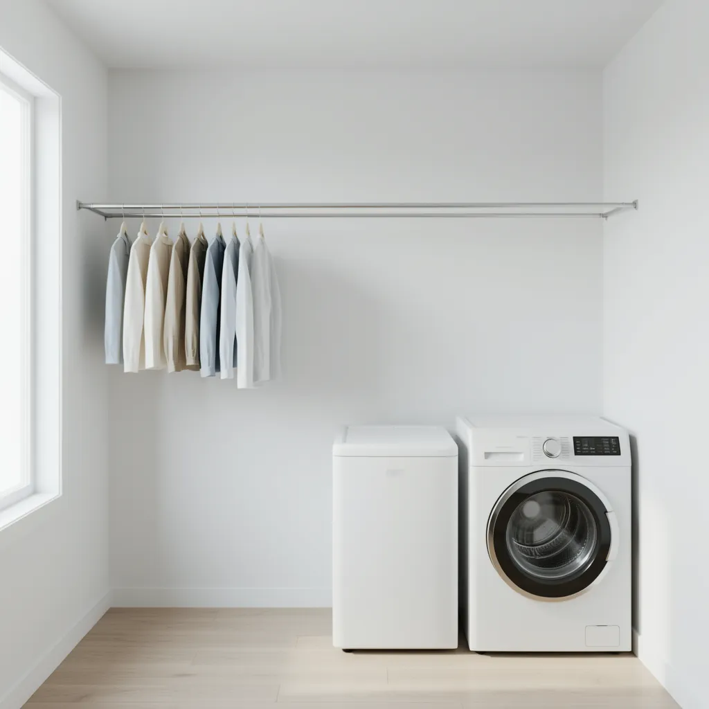 Retractable clothesline extended across a small laundry room wall for indoor drying