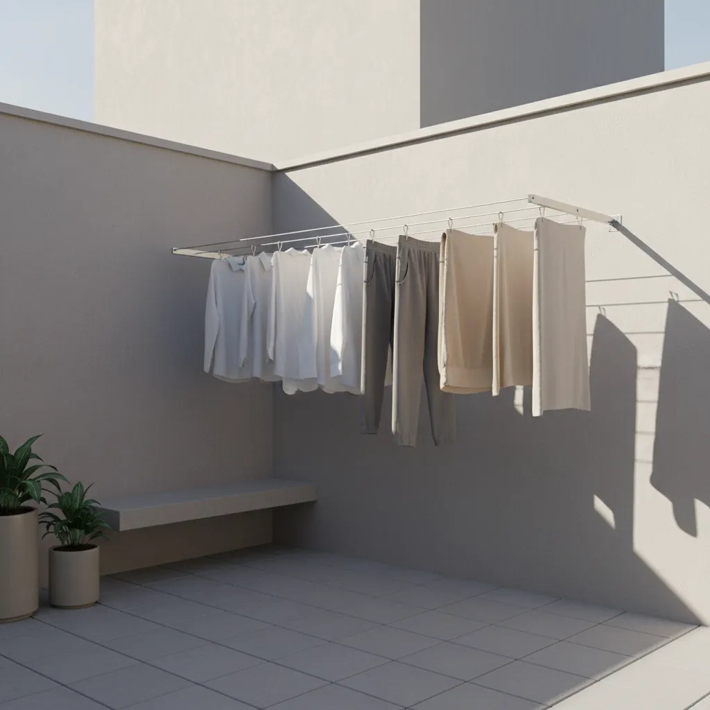 Retractable clothesline mounted between two walls on a patio