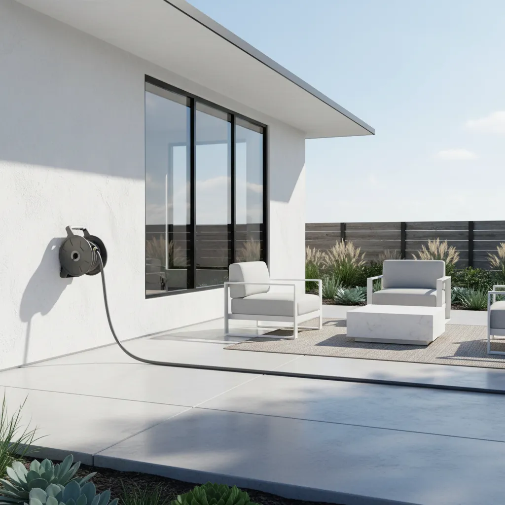 Retractable hose reel system installed on exterior wall