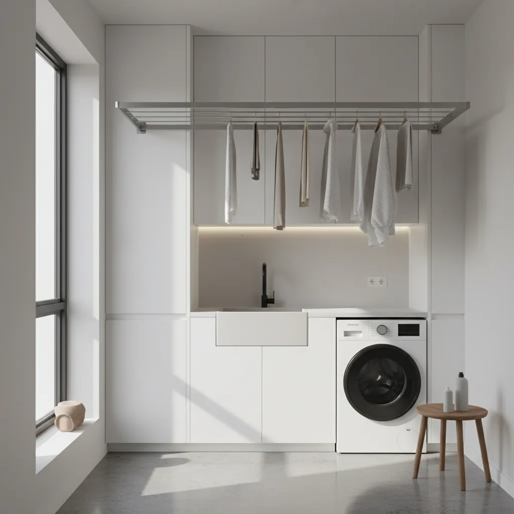 Wall mounted retractable clothesline extended across a small laundry room