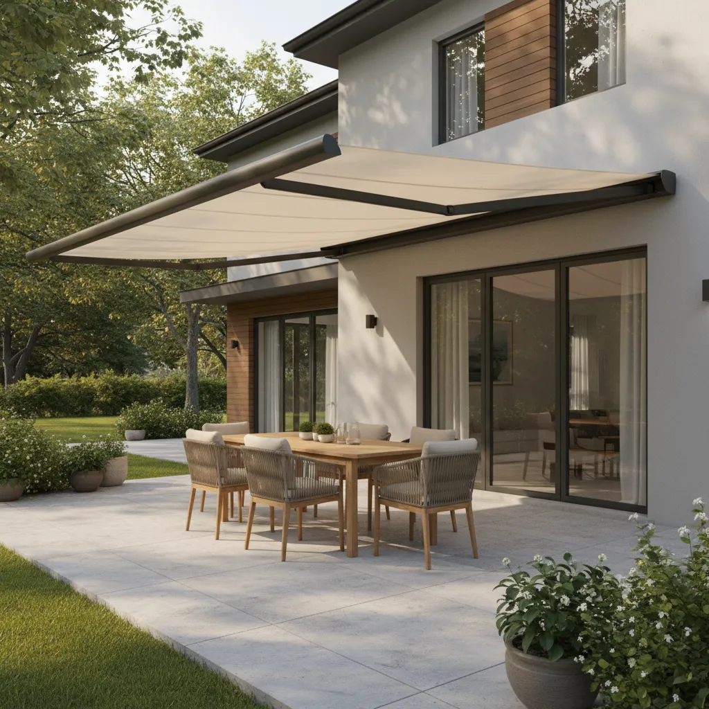 Retractable awning extended over a backyard patio seating area