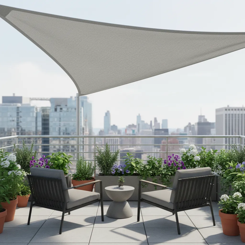 Balcony garden with triangular retractable shade sail and potted plants