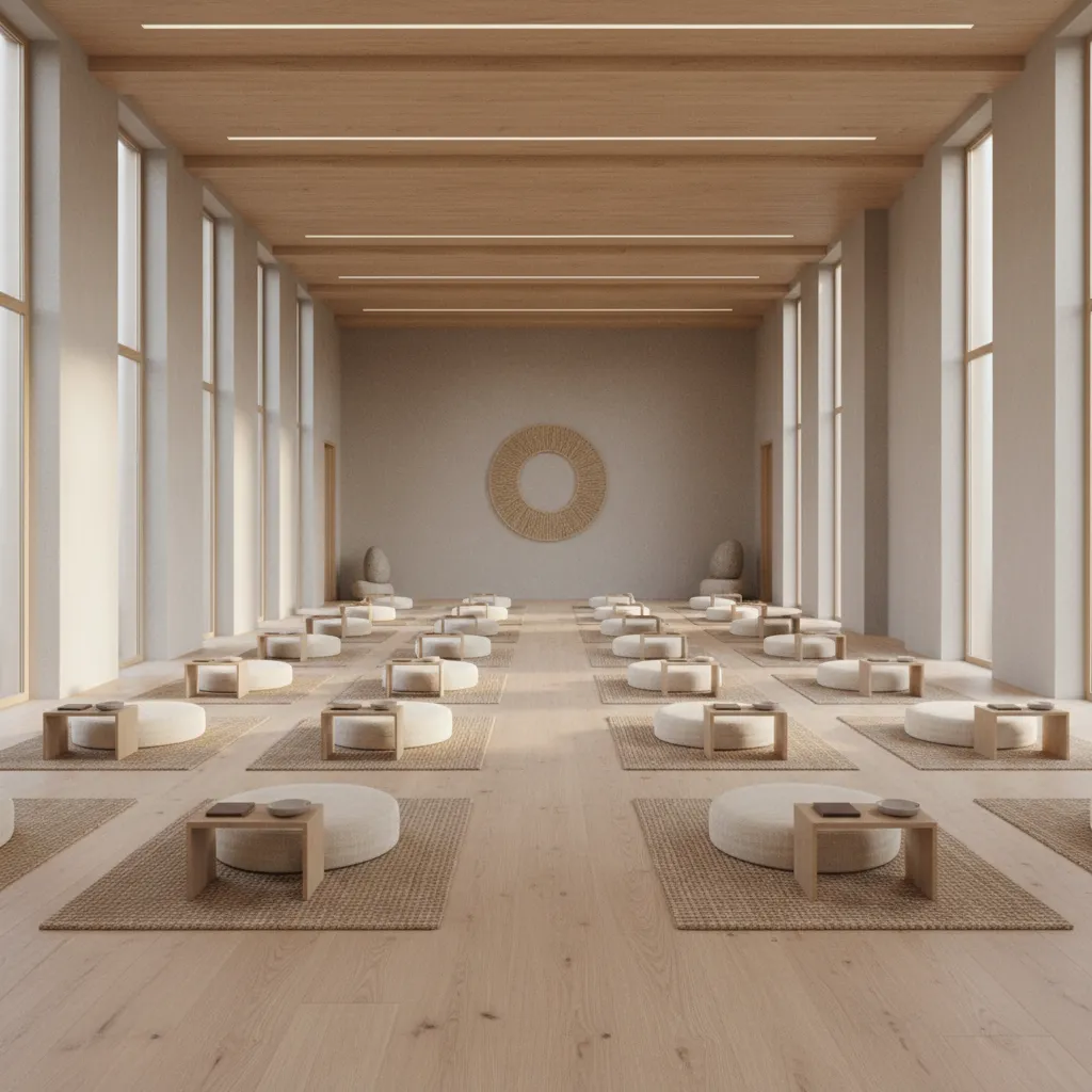 spacious retreat center meditation hall with wooden floor and natural light