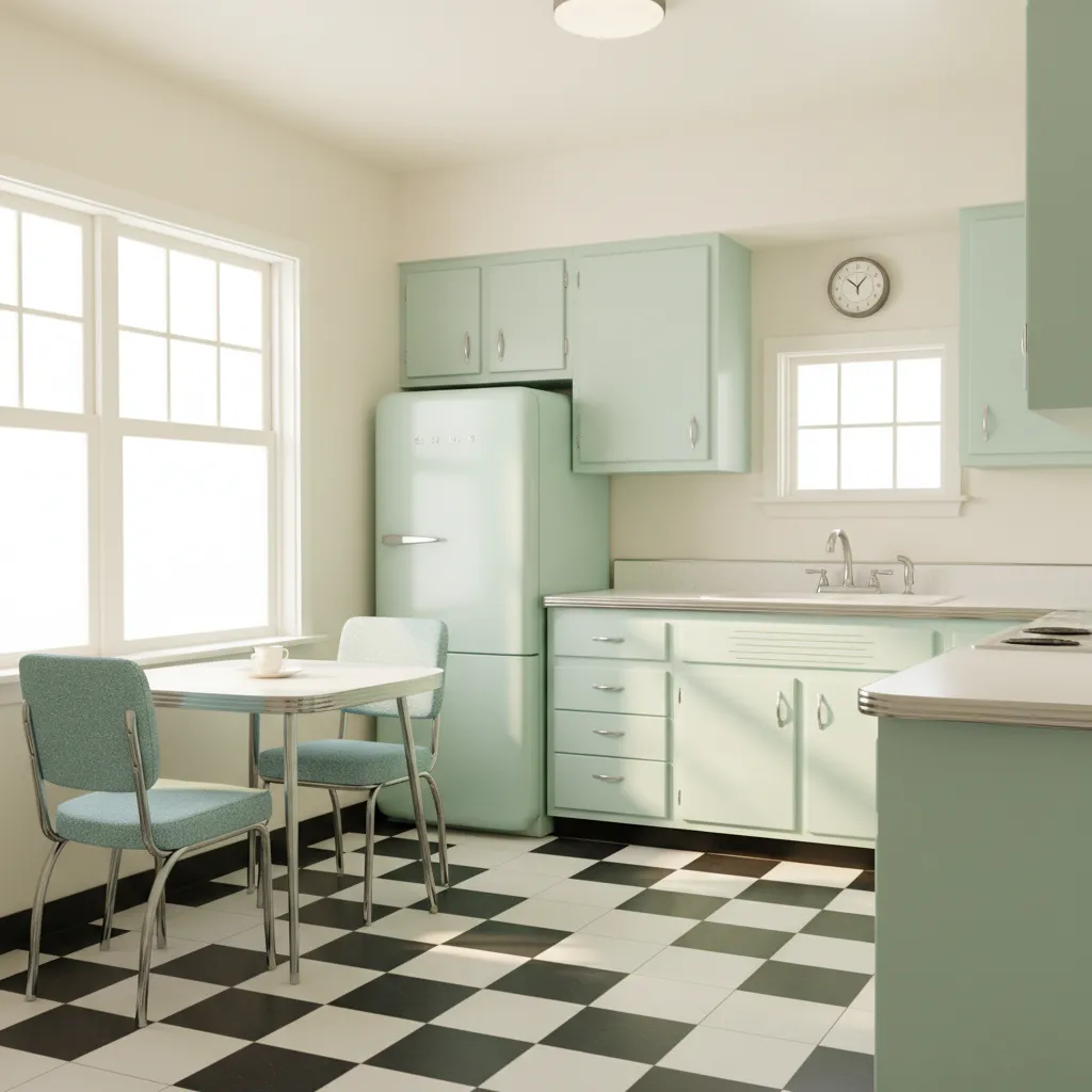 Authentic 1950s kitchen with pastel cabinets, chrome trim, and checkerboard floor