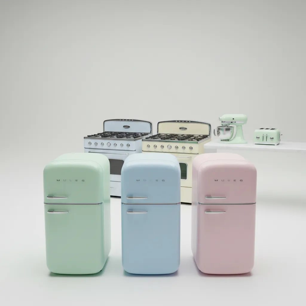 Different retro kitchen appliances including colorful refrigerators and vintage ranges