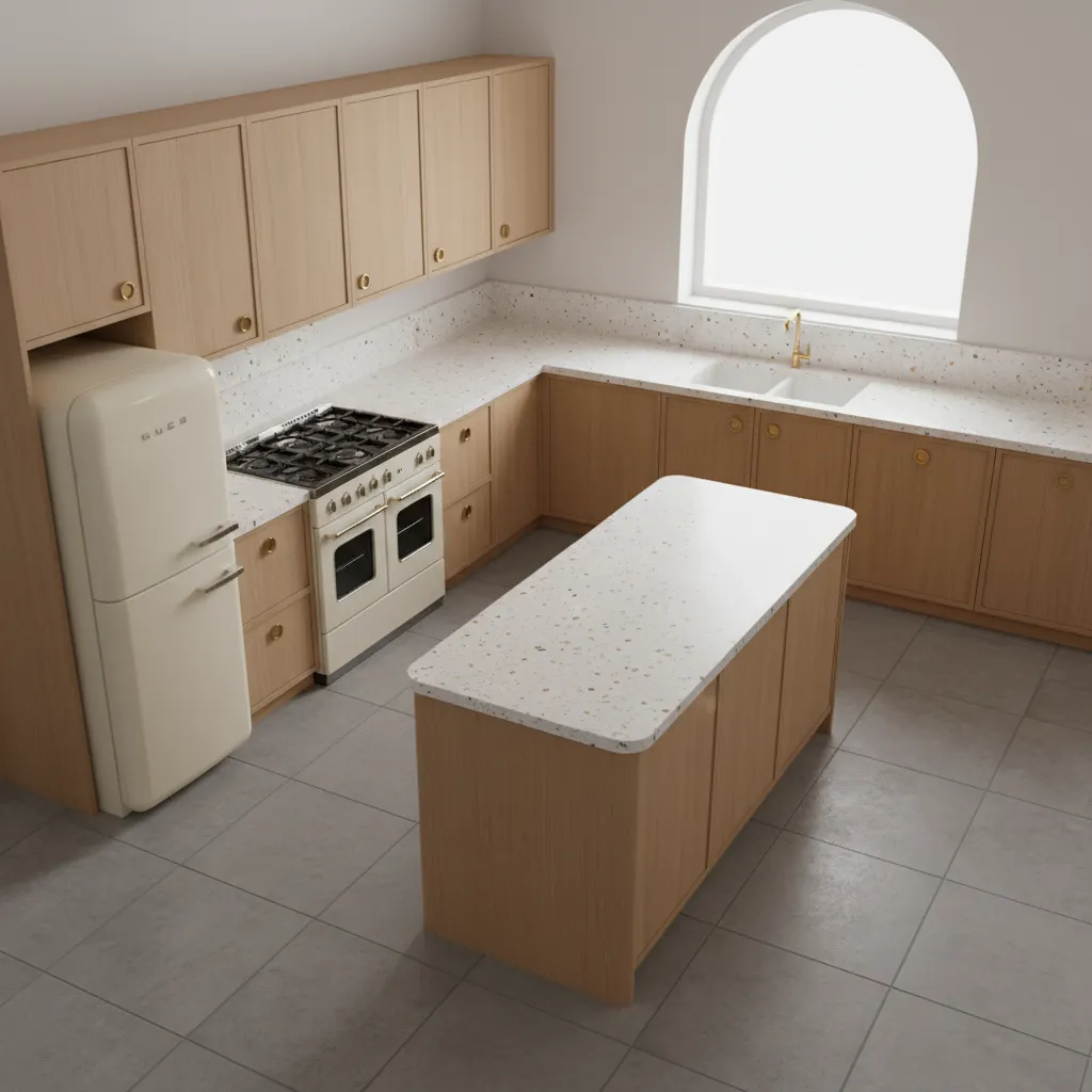 Kitchen layout showing placement of retro appliances in a mid century kitchen