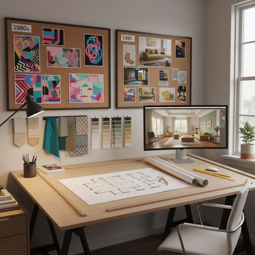 designer workspace planning retro interior style with mood boards