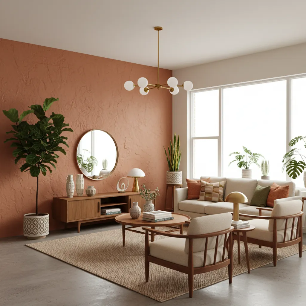 Retro inspired living room with clay accent wall and teak furniture