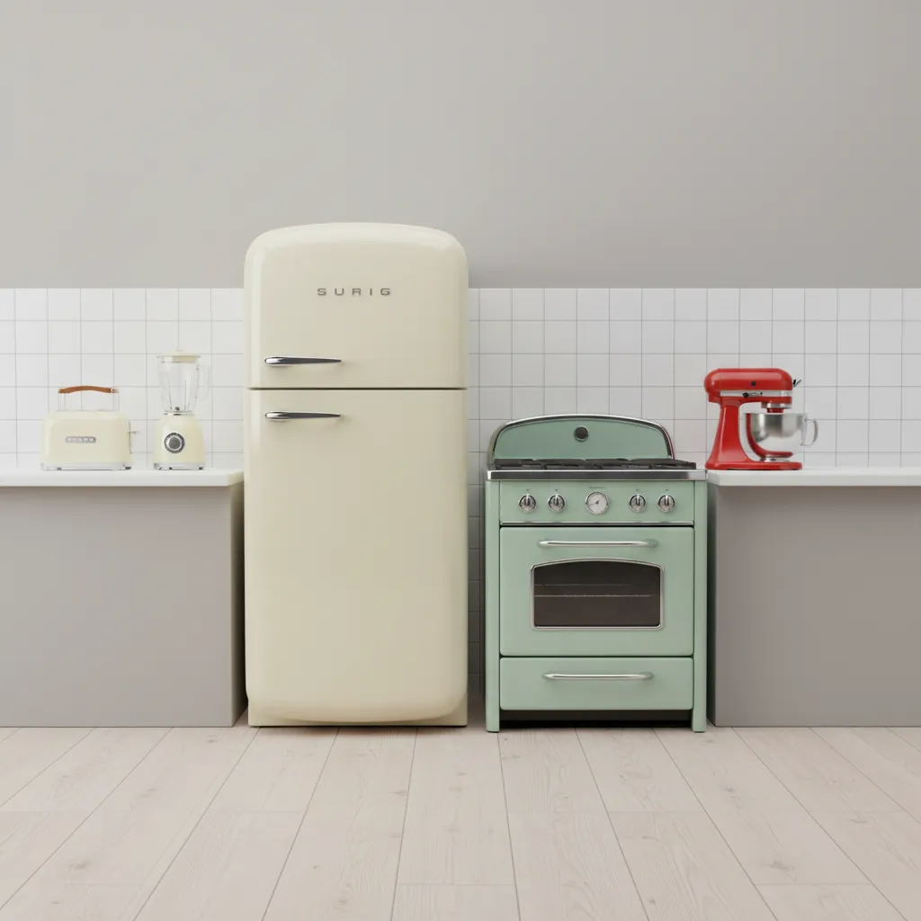 retro kitchen appliances in cream mint and pastel colors