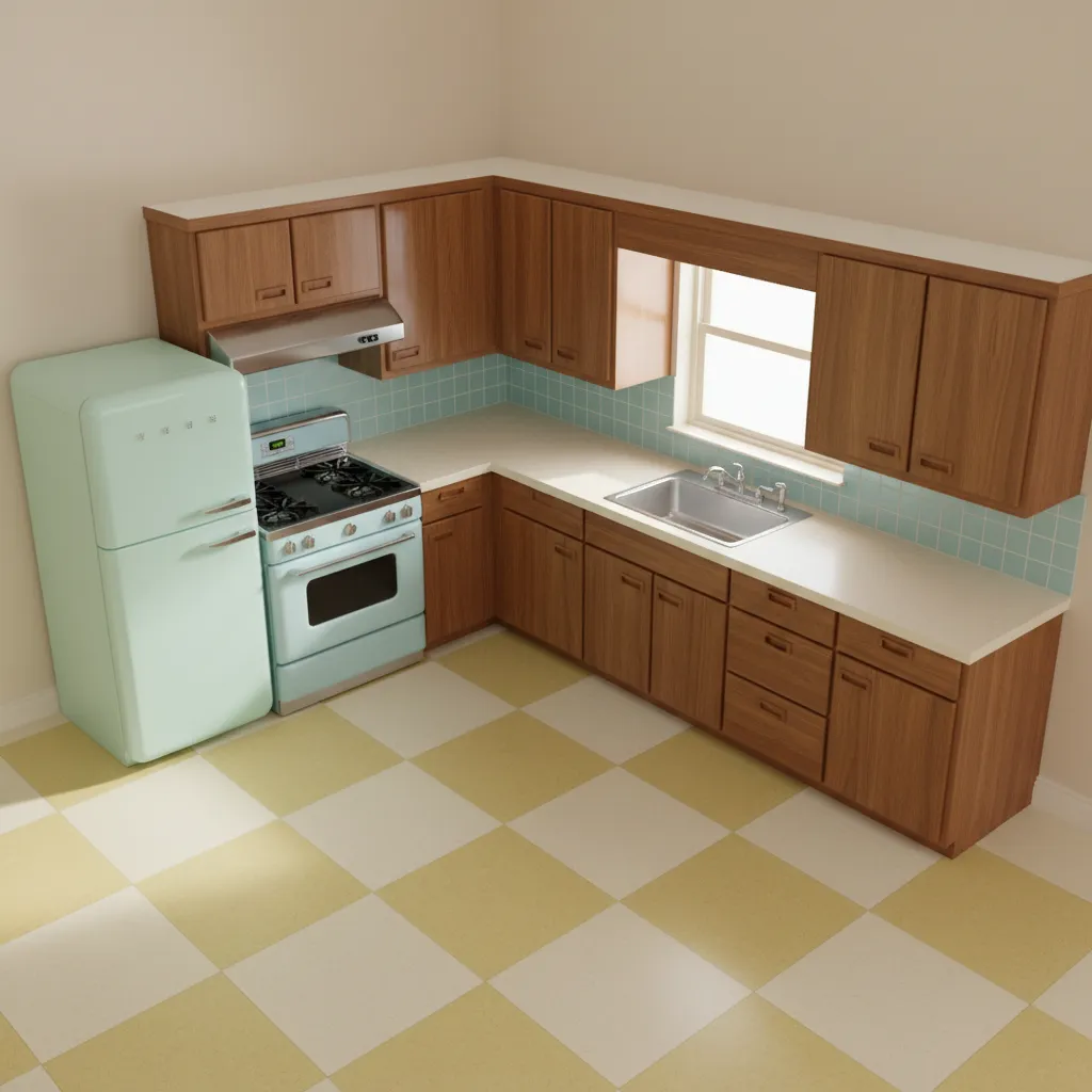 Retro kitchen layout with refrigerator, range and cabinets arranged in mid century style
