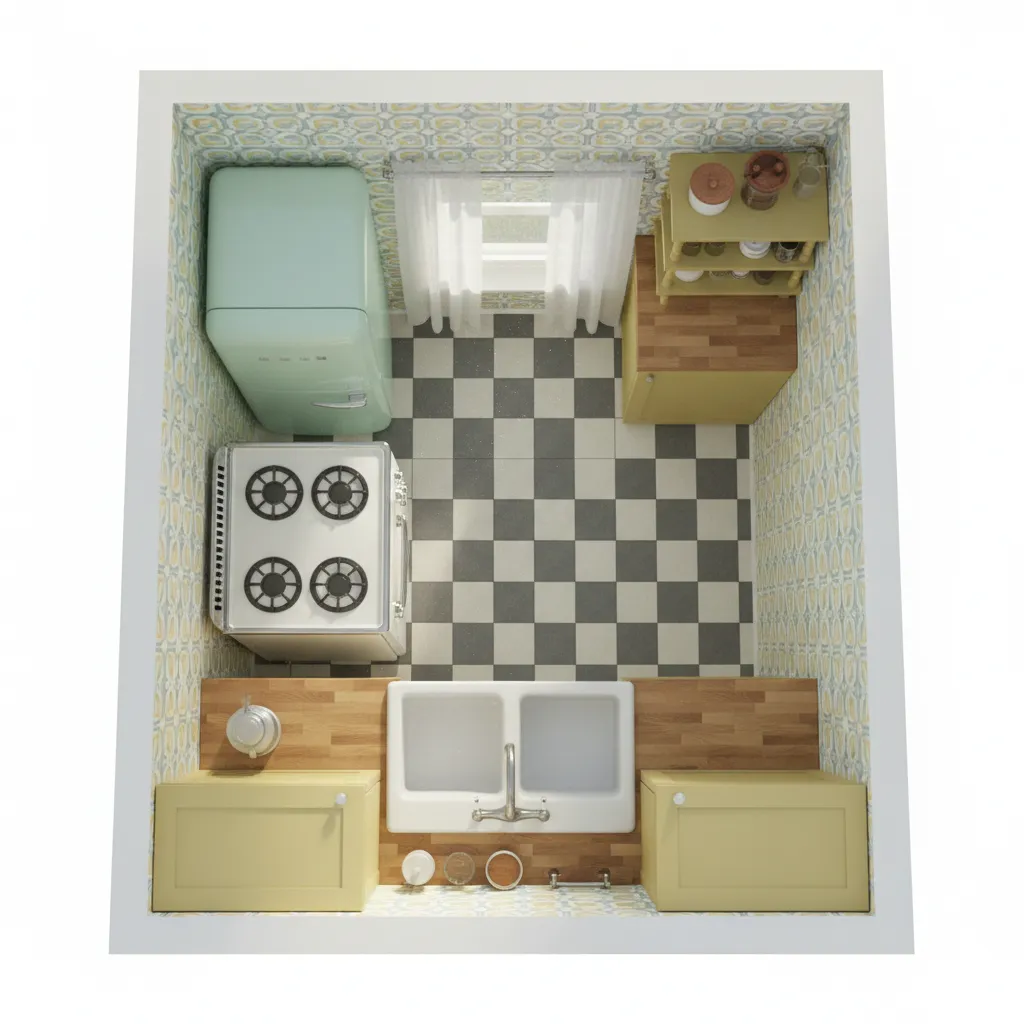 kitchen layout showing retro refrigerator stove and sink triangle
