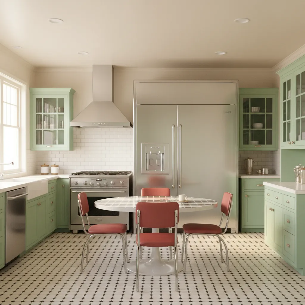 retro kitchen where oversized modern appliances dominate the space