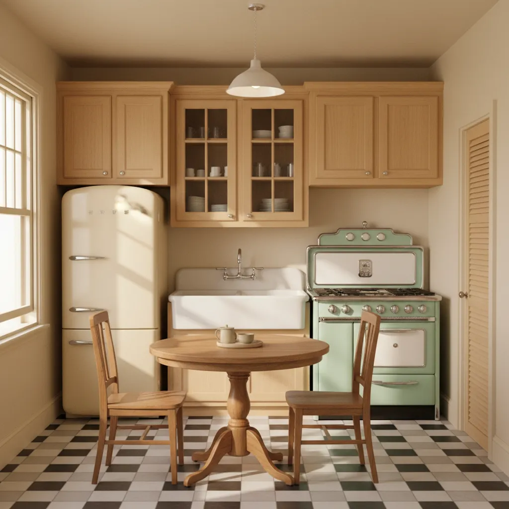 1930s inspired kitchen with retro refrigerator and vintage stove