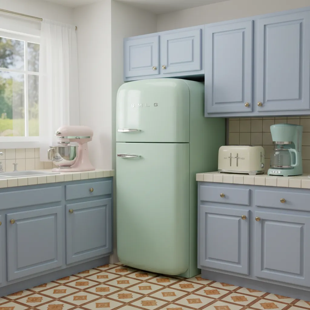 Vintage style refrigerator and retro kitchen appliances