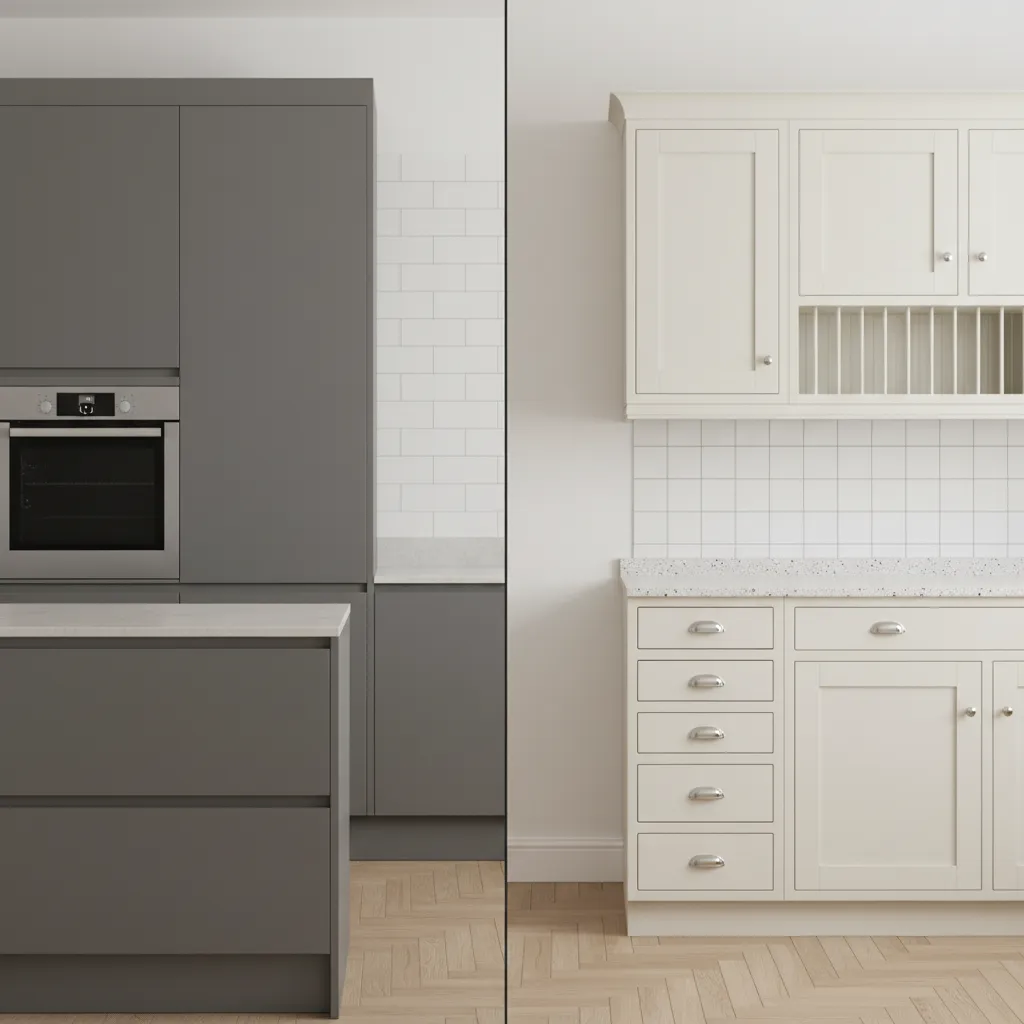 comparison of slim 1930s kitchen cabinets versus deep modern cabinets