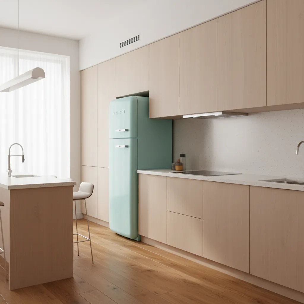 Retro inspired kitchen with energy efficient appliances and clean layout