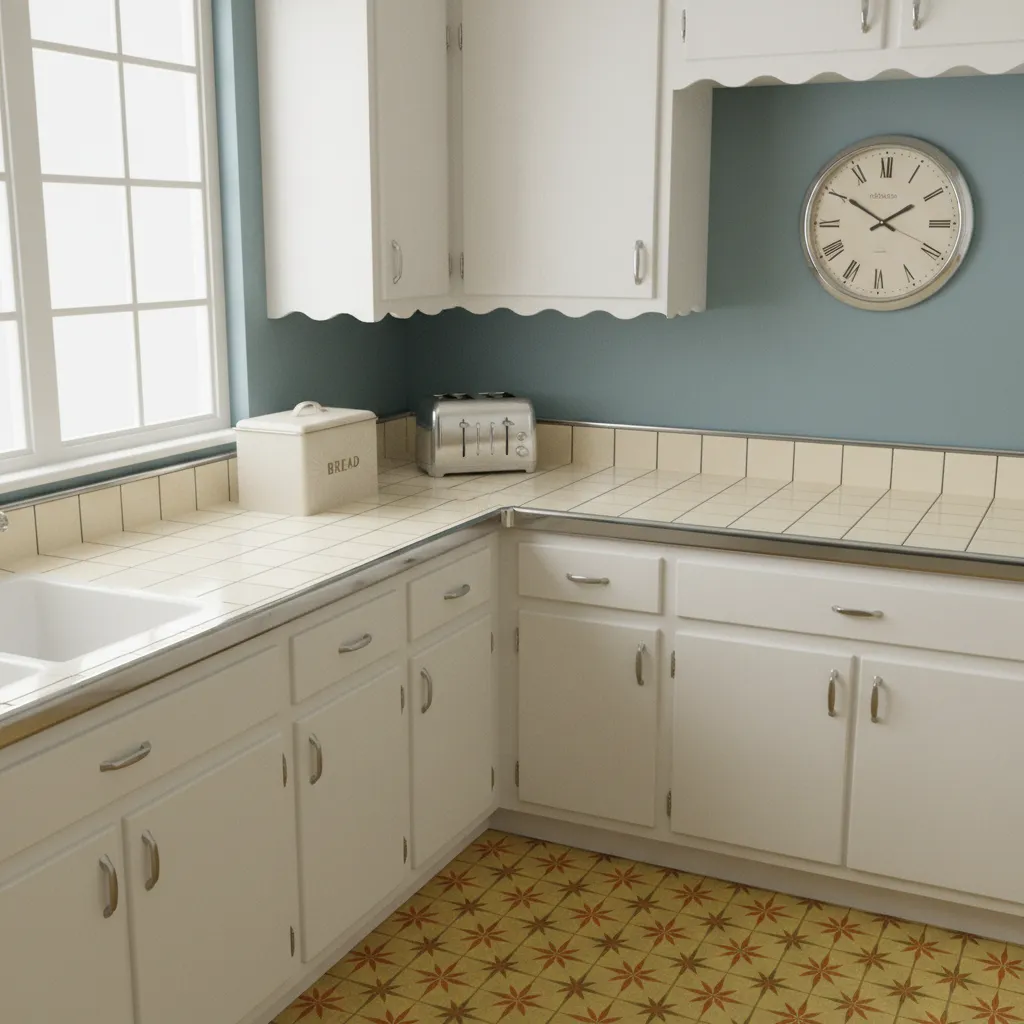 comparison view of vintage tile countertops and retro patterned flooring