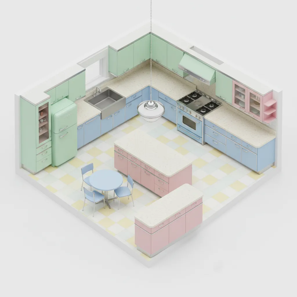 Retro kitchen layout showing work zones and cabinetry