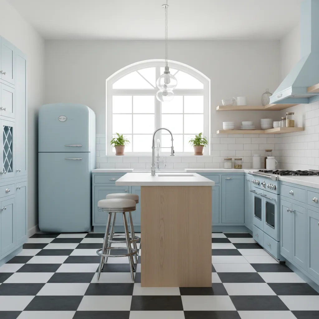 Retro style kitchen with pastel cabinets and chrome accents