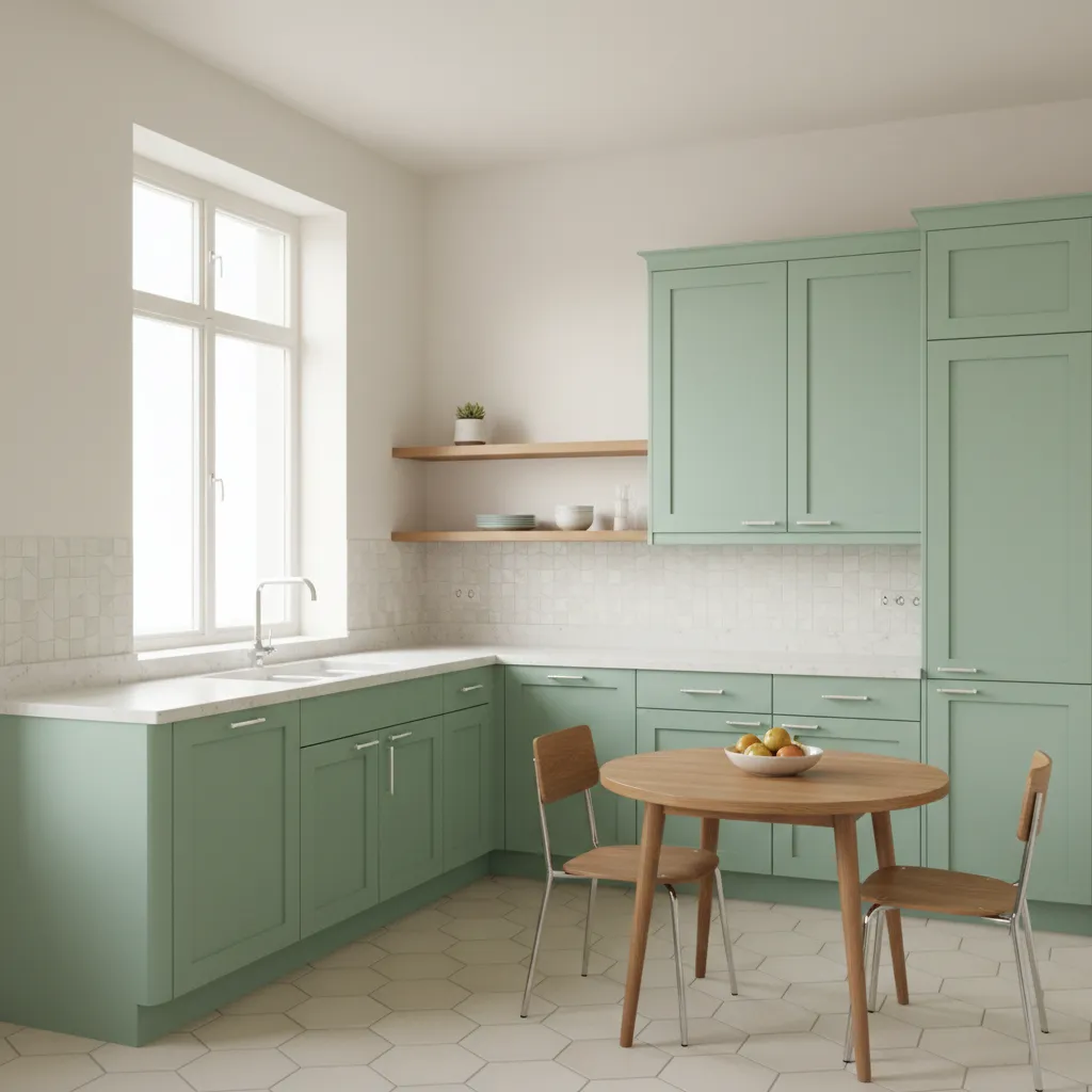 pastel mint and cream retro kitchen color palette in a small space