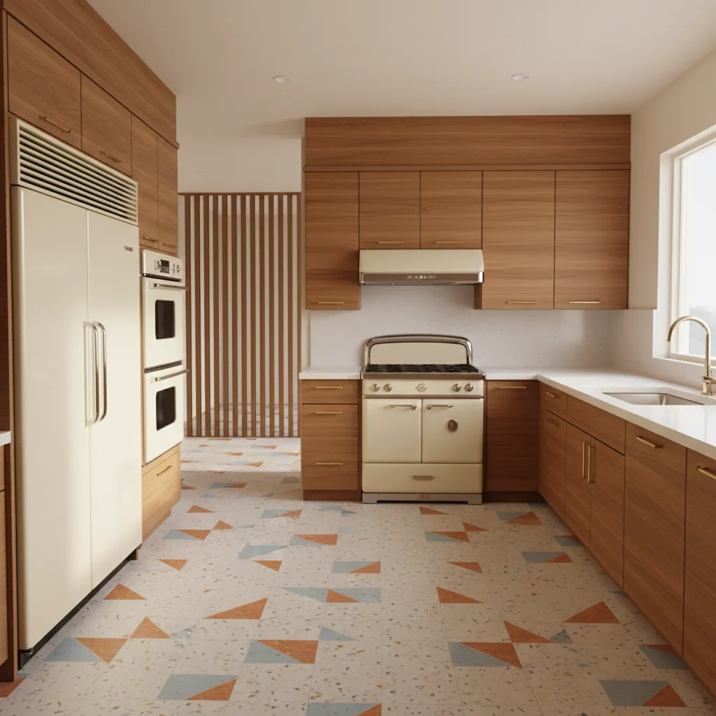3d visualization of retro 1960s kitchen remodel layout