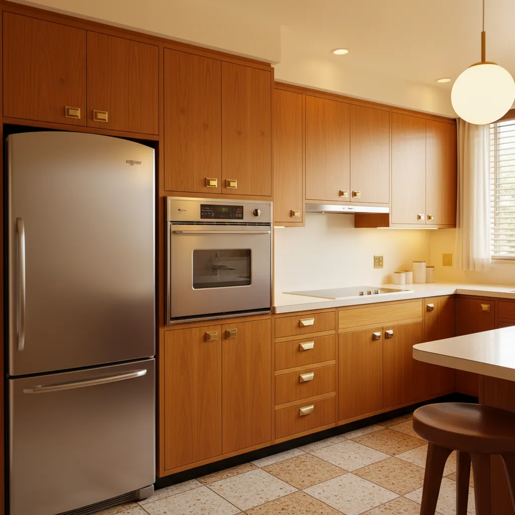 mid century kitchen with wall oven built into tall cabinet next to refrigerator