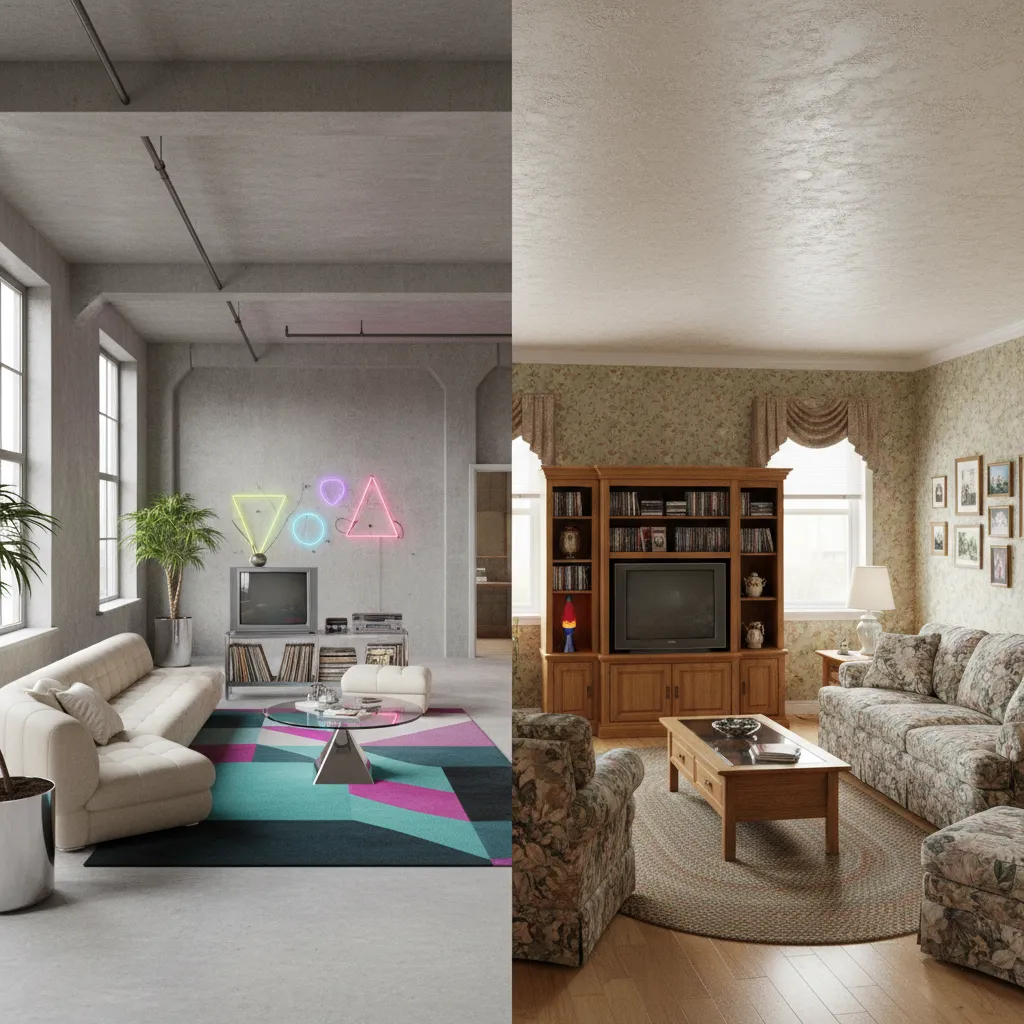 comparison of open layout 80s living room and cozy 90s living room layout