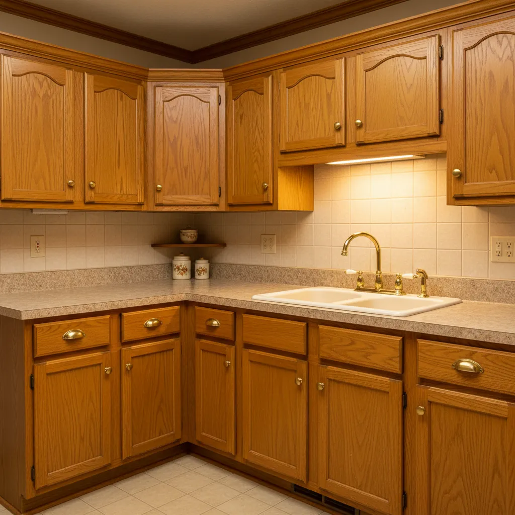 Close view of oak cabinets laminate countertop and brass fixtures typical of 90s interiors