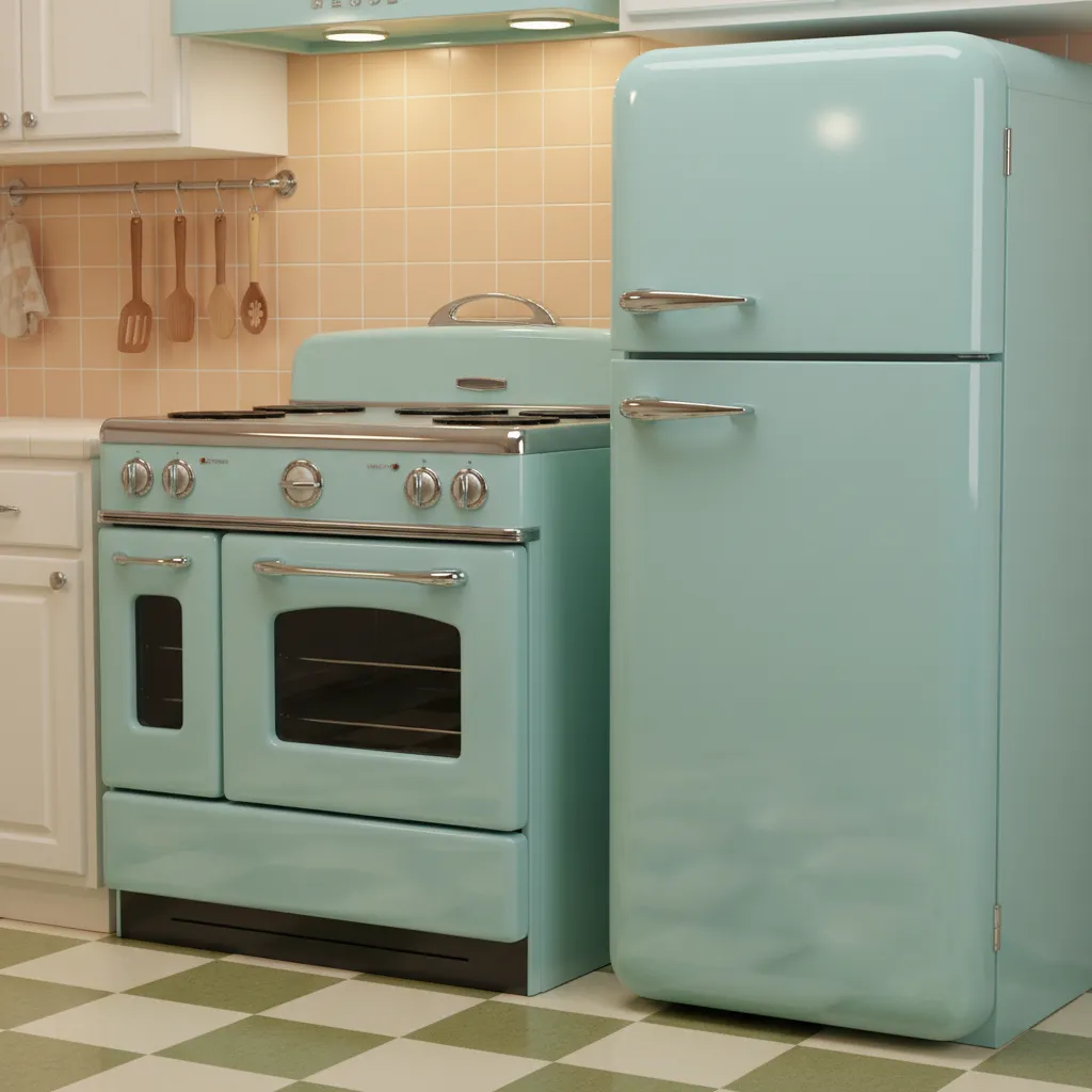 Close view of retro range and refrigerator with chrome handles