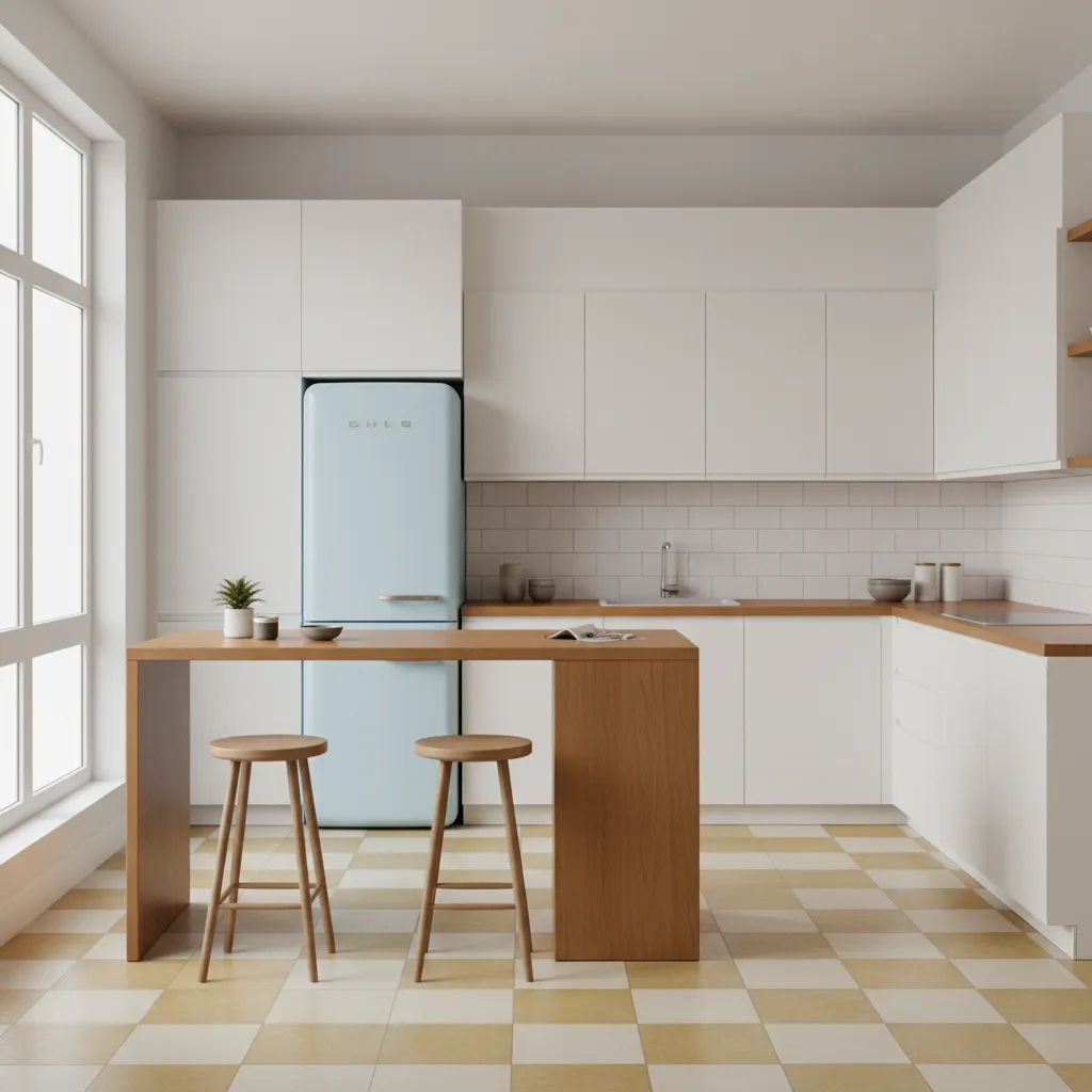 Pastel retro refrigerator inside a modern mid century kitchen