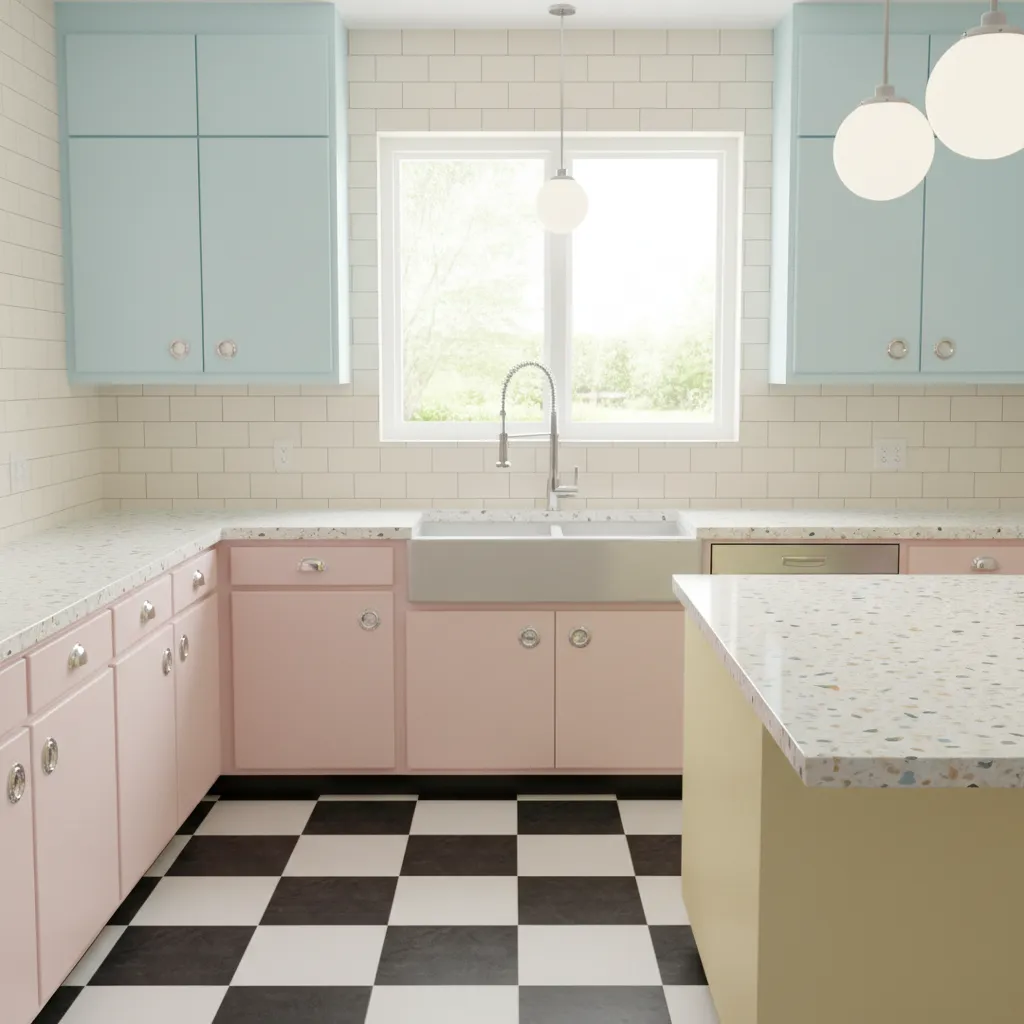complete retro style kitchen showing flooring countertops backsplash and cabinets
