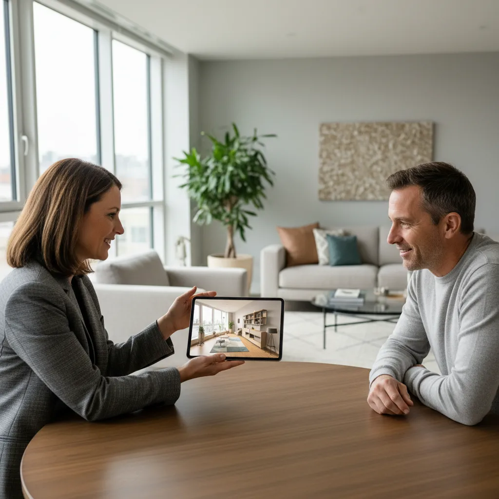 Decorador mostrando ideas de diseño a un cliente en una vivienda
